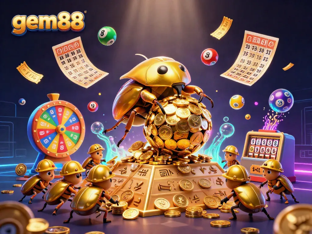 Experience excitement at gem88 with golden beetles and dynamic casino symbols in a vibrant setting.