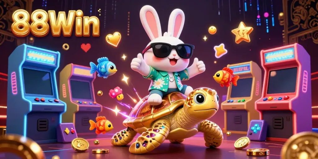 Experience the vibrant world of 88Win with a lucky rabbit and golden turtle in an exciting casino scene.