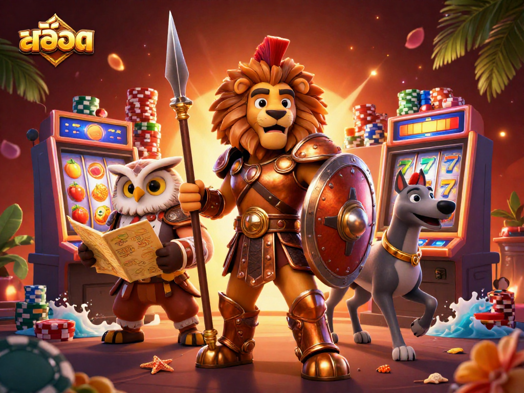 Spin the reels for exciting สล็อต adventures with a Spartan lion leading the charge in this vibrant casino scene.