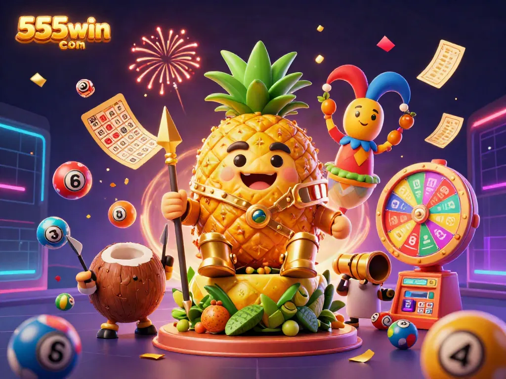Engage with 555win com's vibrant beach casino scene featuring a pineapple king with dynamic lottery elements.