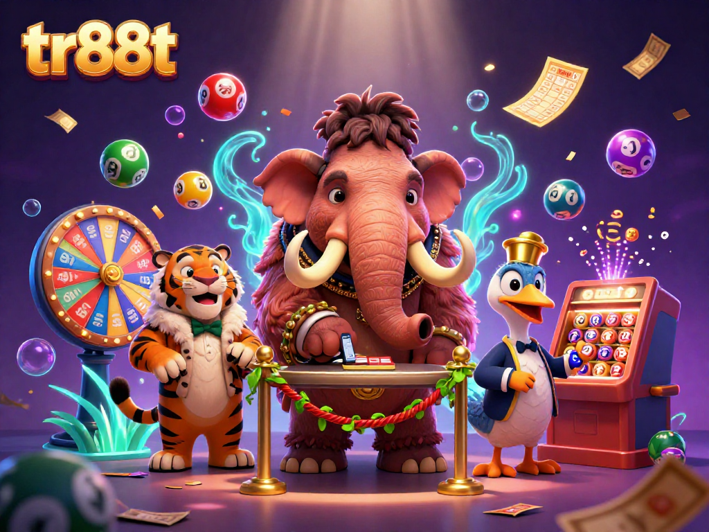Experience excitement with tr88t's casino bouncer, colorful lottery elements, and VIP guests awaiting fun!