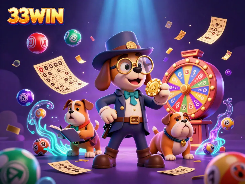 Engage with 33WIN in a vibrant, dynamic casino scene filled with colorful lottery and gaming elements.