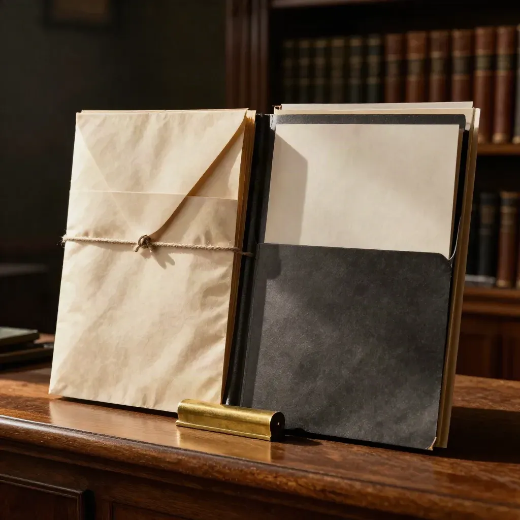 Sealed correspondence bundles and dark file folders with a brass paperweight on a warm oak ledge.