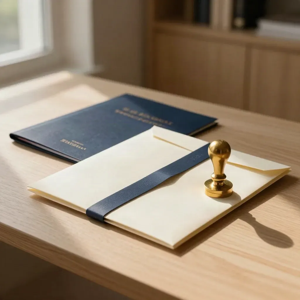 Employment law pack on pale oak with brass stamp and navy folio in warm window light