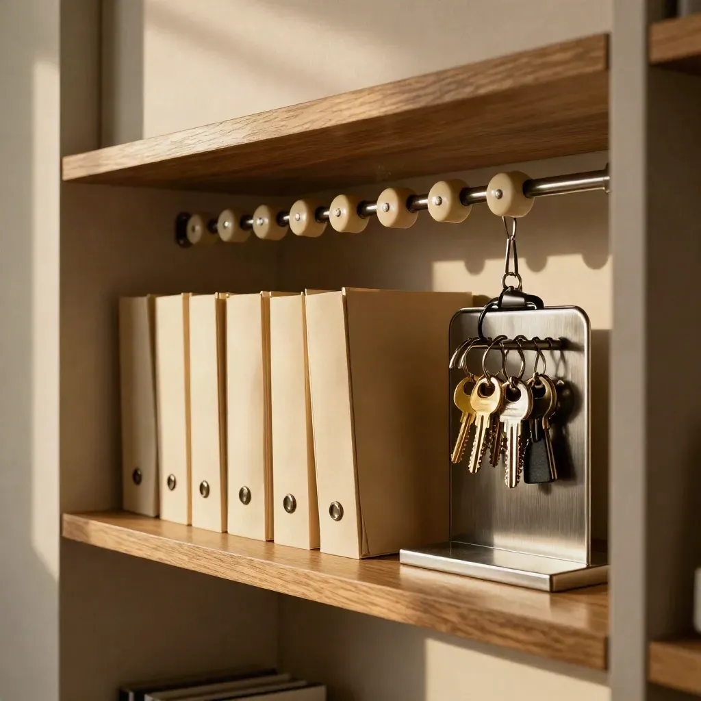 Ivory badge reels, sealed folders, and a key tray on office shelving.