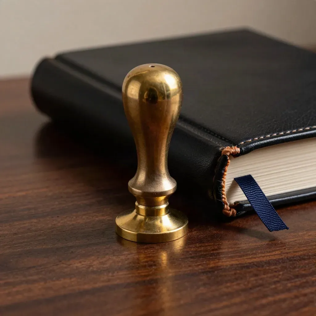 Brass seal press beside a black leather law volume with navy ribbon on walnut