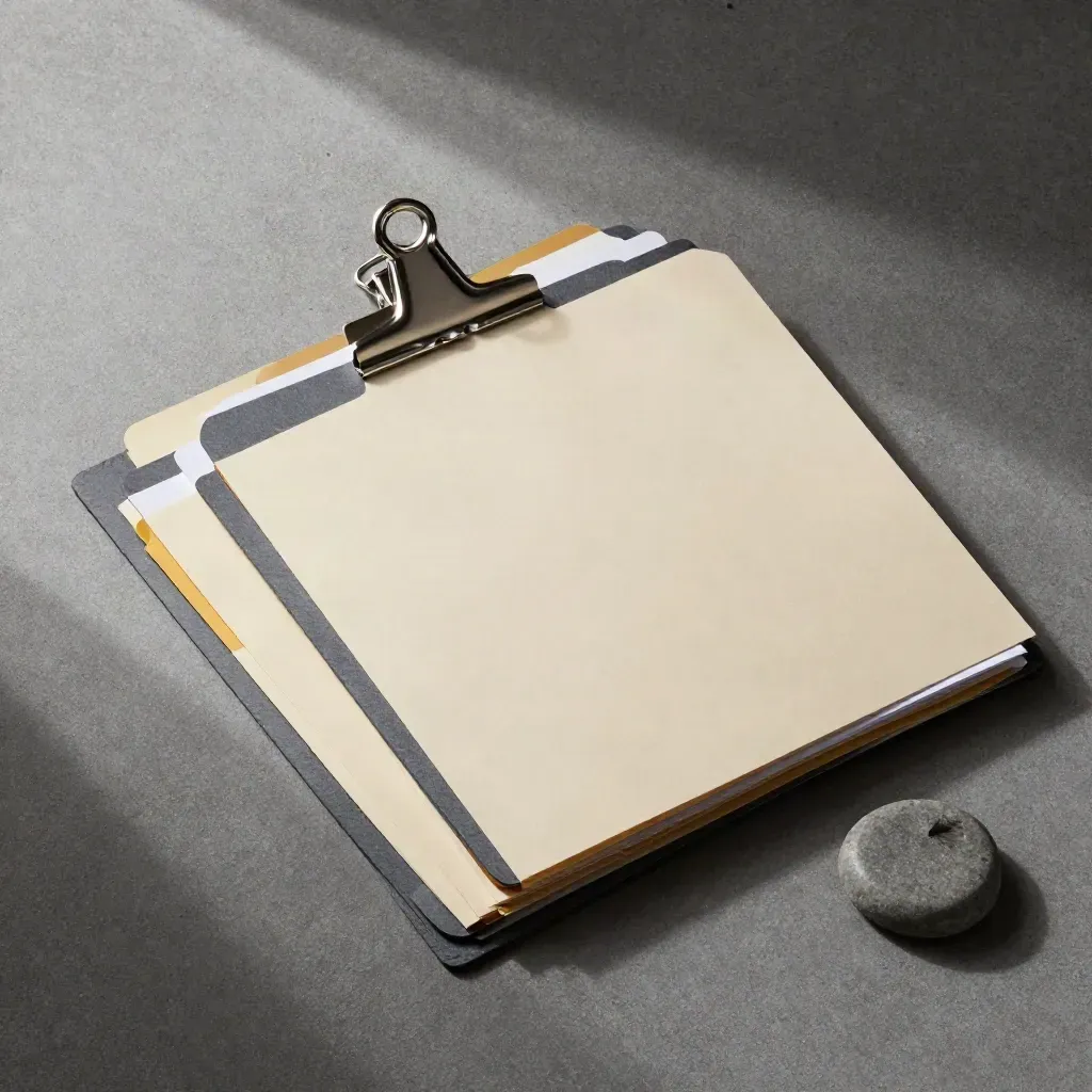 Overhead flatlay of legal case folders, file clip and slate paperweight on concrete