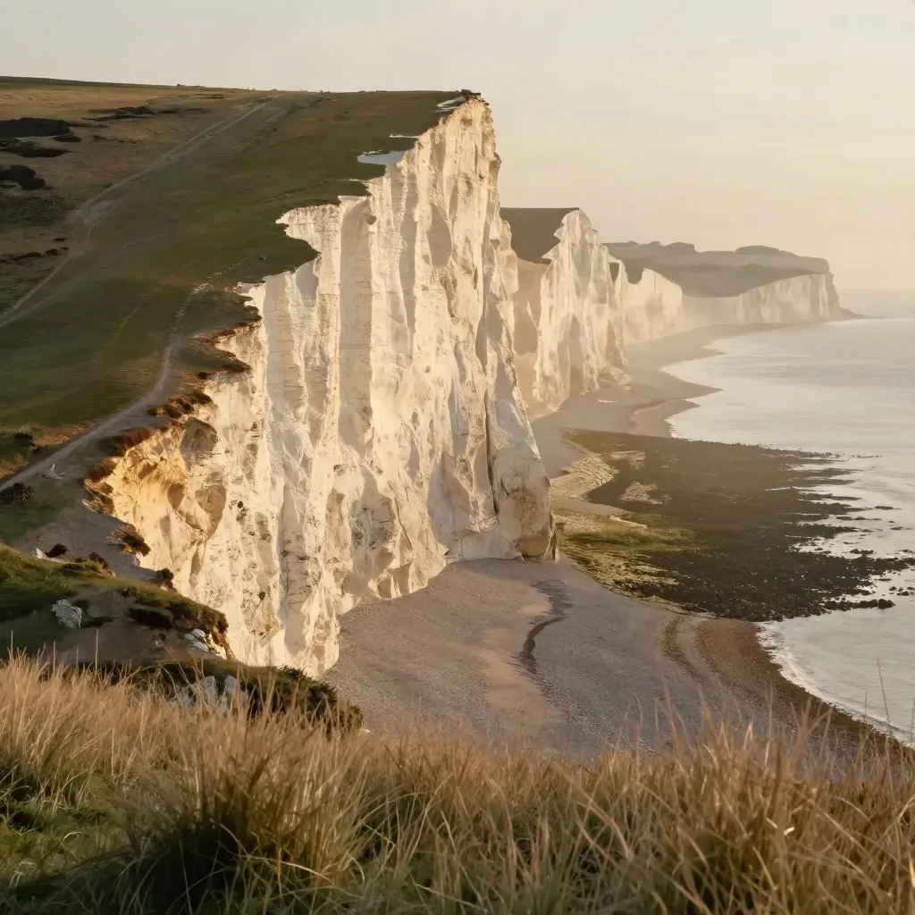 Sunlit Seven Sisters cliffs above a misty pale Channel at golden hour
