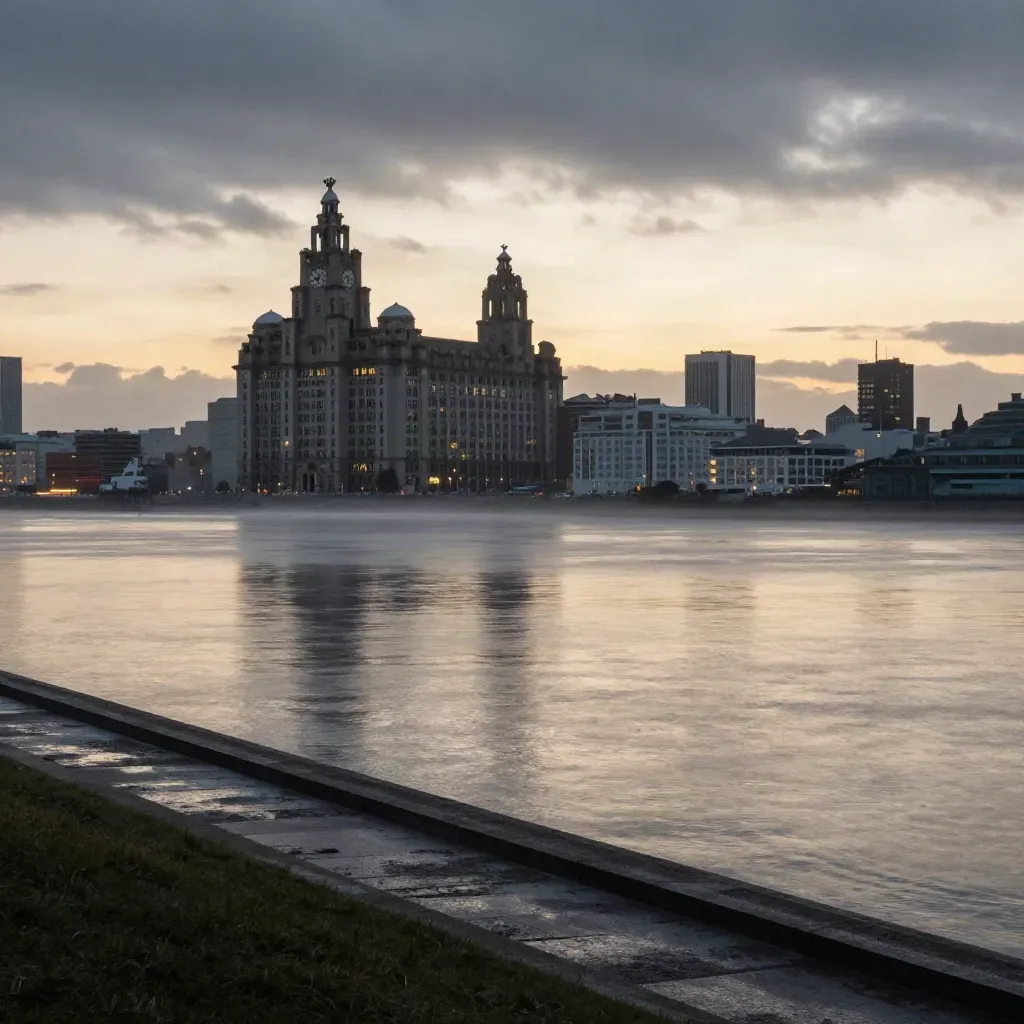 Liverpool waterfront and Mersey estuary at blue hour, hazy with warm quay lights.