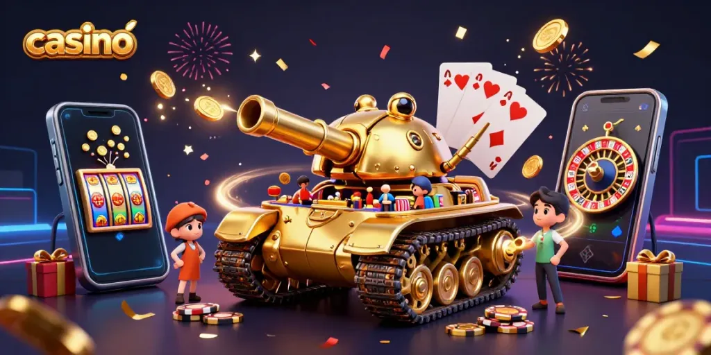Engaging casino scene featuring a golden beetle tank with a miniature casino, triumphant confetti, and dynamic game elements.