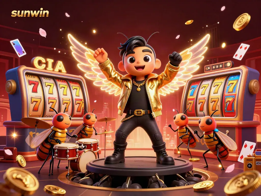 Experience exciting gameplay at sunwin with a vibrant scene of characters celebrating amidst jackpots and card games.