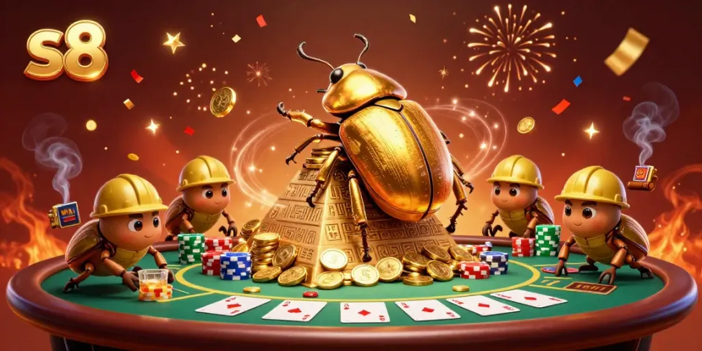 Experience thrilling gameplay at S8 with golden coins and vibrant poker elements.