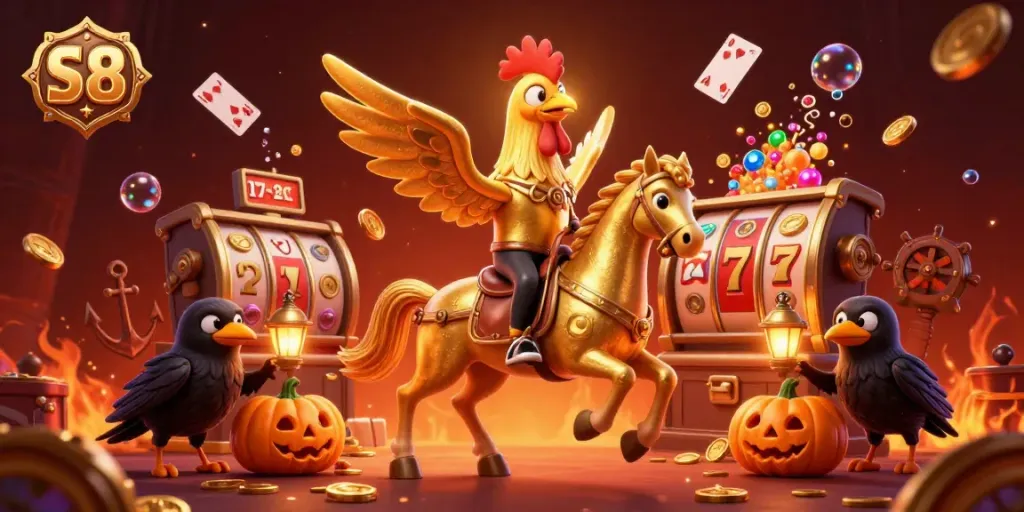 Experience thrilling gaming at S8 with a golden rooster and casino elements filling the vibrant scene.