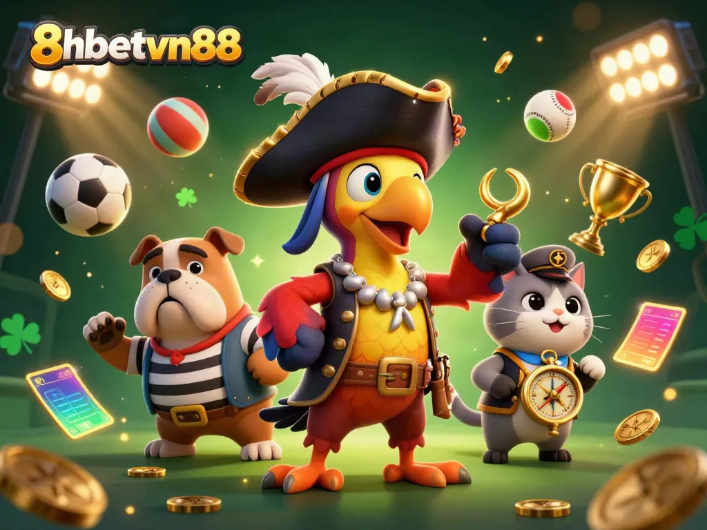 Engage in thrilling sports betting action with 8xbetvn88, featuring dynamic cartoon characters and vibrant game elements.