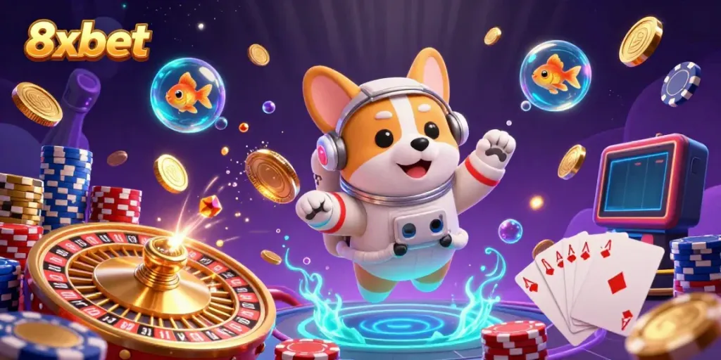 Engage with thrilling adventures at 8xbet's casino featuring vibrant floating characters in a zero-gravity setting.