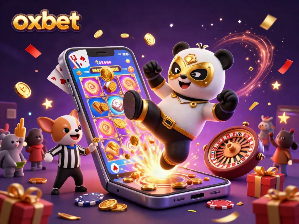 Experience thrilling gameplay at OXBET with a vibrant 3D panda wrestler illustration in an online casino.