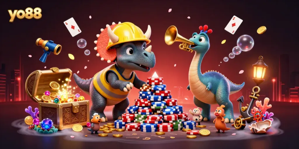 Engage with the enchanting 3D scene of yo88 featuring unique cartoon dinosaurs celebrating poker chip wins in a vibrant underwater casino.
