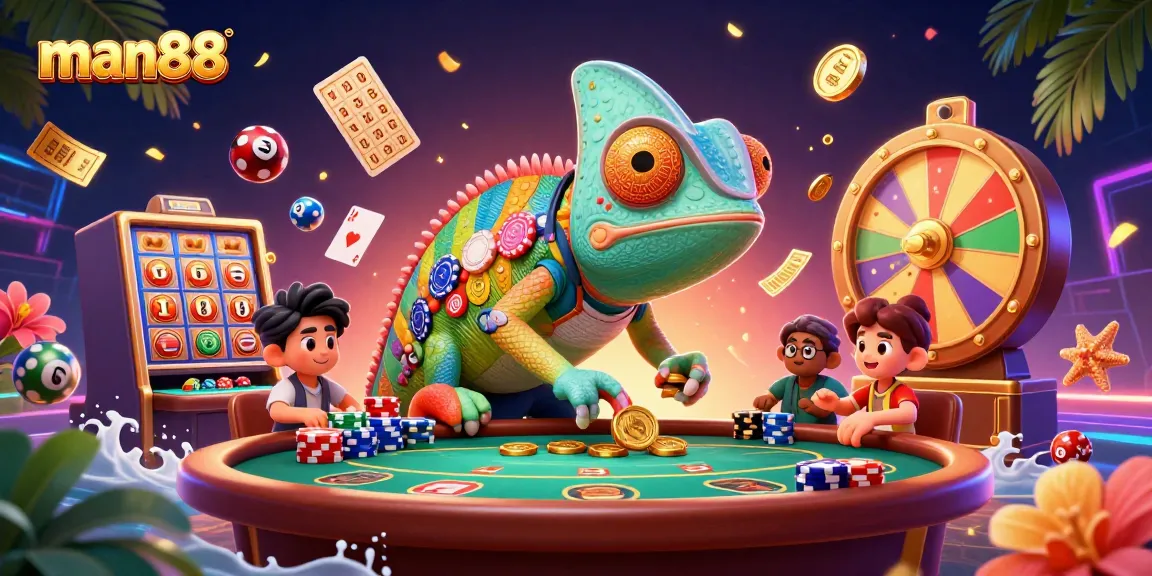 Engage with man88's vibrant casino scene featuring a chameleon and a lively poker atmosphere.
