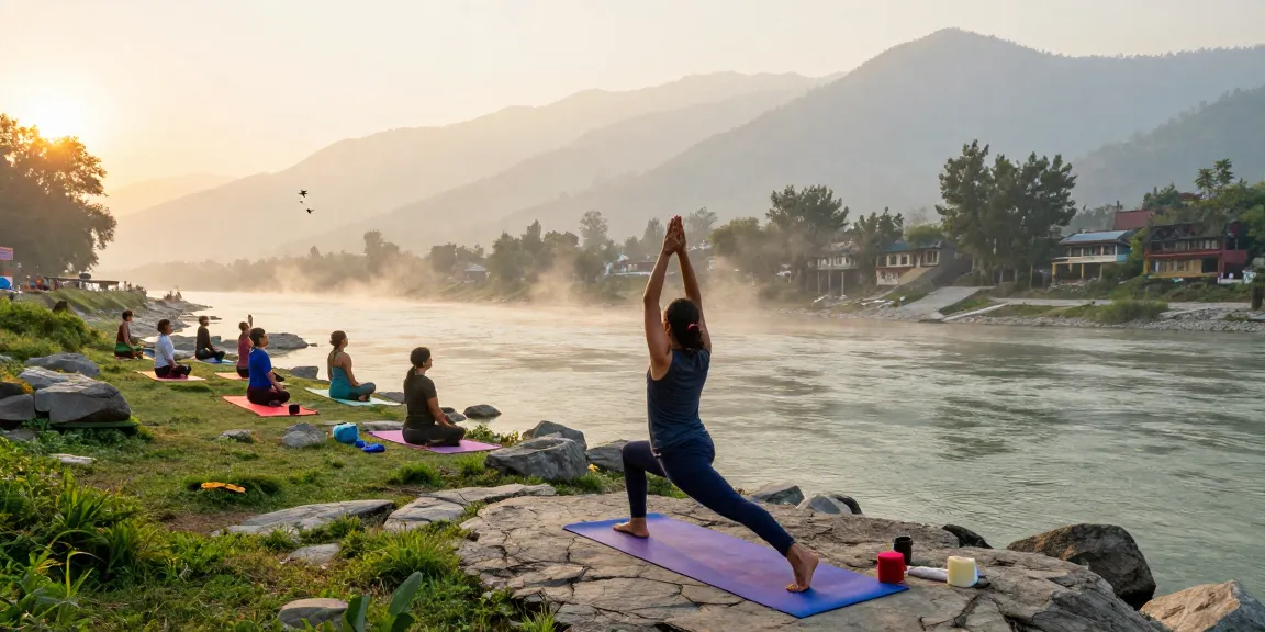 Yoga teacher training in Rishikesh India with serene yoga practice by Ganges river