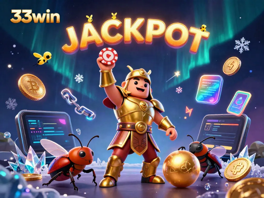 33win showcases a victorious beetle lifting a poker chip in vibrant casino scene
