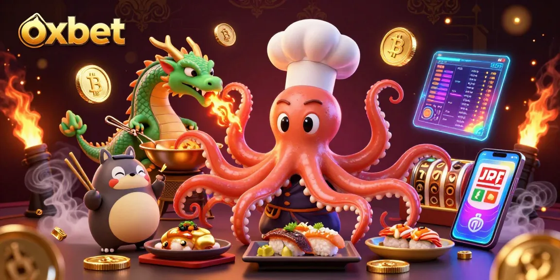 Experience winning with oxbet through a vibrant casino-themed illustration featuring a sushi chef octopus.