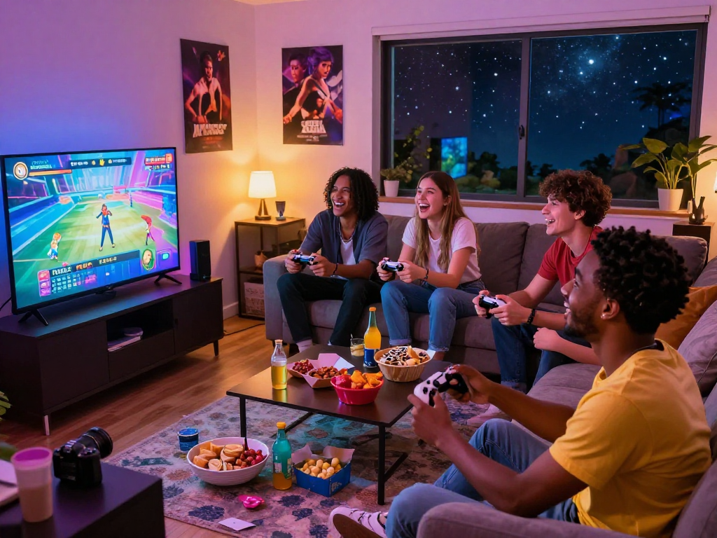 Friends enjoying porngames in a cozy living room, lively atmosphere with snacks and drinks.