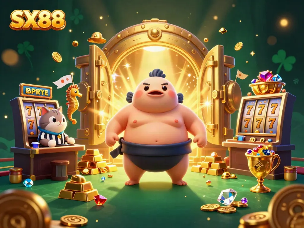 SX88's vibrant underwater casino scene features a fugu wearing a mawashi belt, surrounded by sparkling treasures.