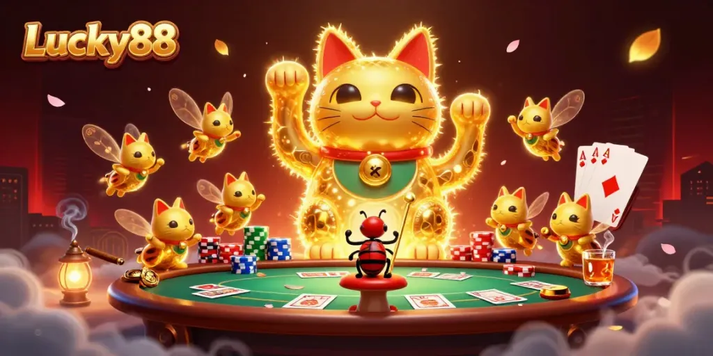 Experience the vibrant dynamics of Lucky88 with a lucky cat and poker elements in a casino setting.