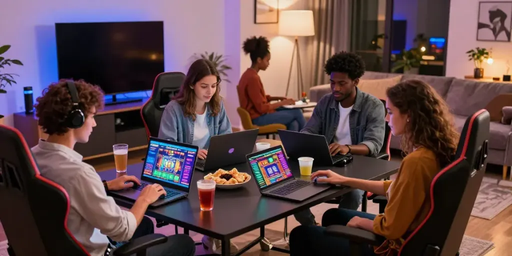Friends enjoying casino games not on GamStop in a cozy living room.