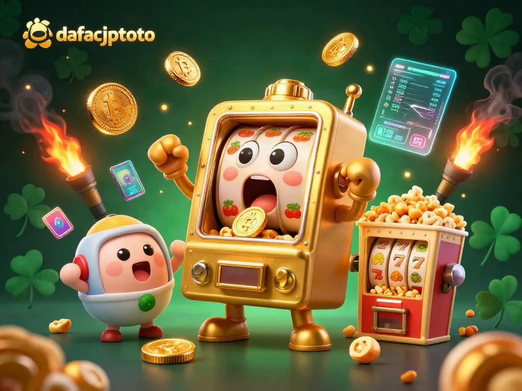 Engage with daftar jptoto as the golden slot machine hits a jackpot while coins cascade around it.