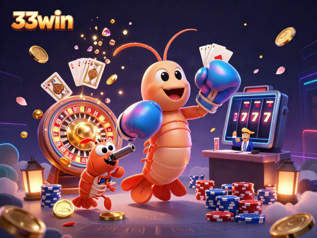 Engage in thrilling gameplay with 33win's vibrant casino scene featuring animated character illustrations.