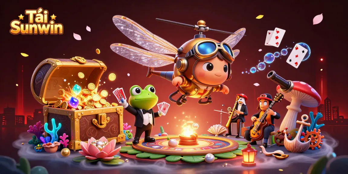 Experience Tải Sunwin with a vibrant underwater casino scene including a dragonfly pilot and a frog dealer.