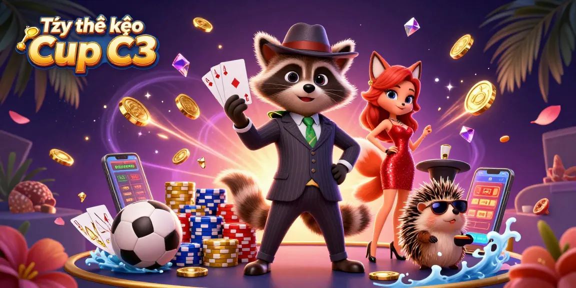 Tỷ lệ kèo Cup C3 illustrated with exciting characters betting on sports, showcasing dynamic casino elements and action.