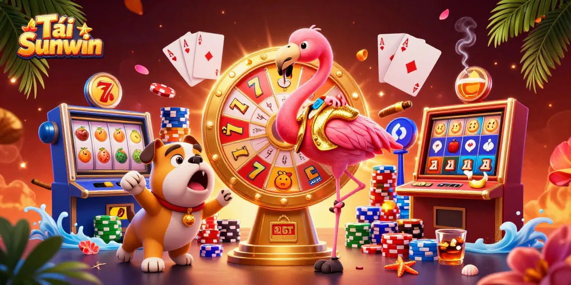 Tải Sunwin with vibrant slot machines and excited characters in a stunning casino scene