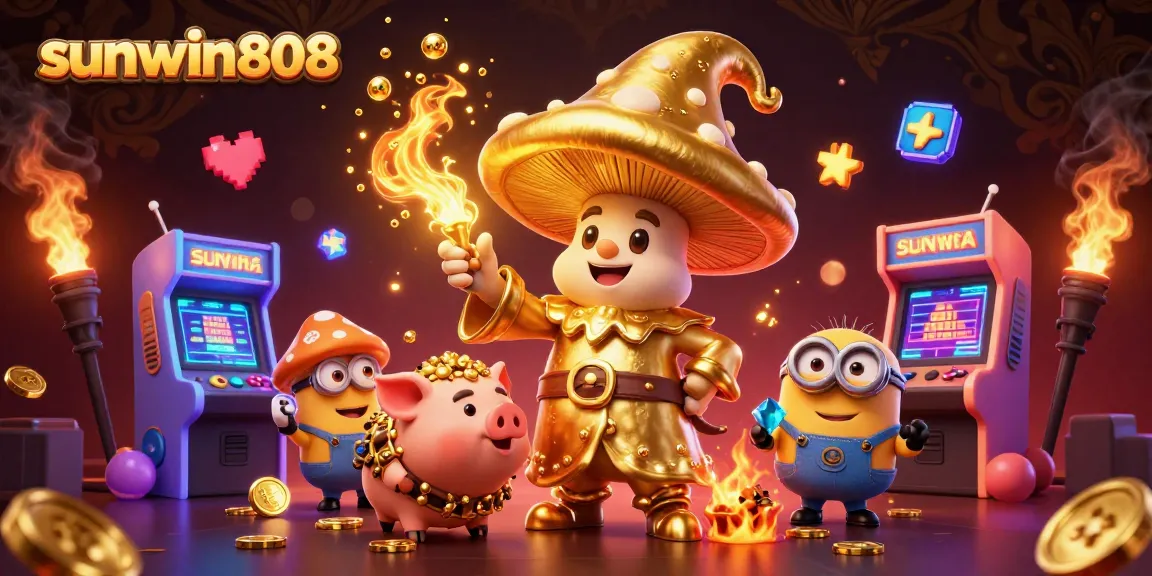 Experience exciting gaming magic with sunwin808, featuring a whimsical casino scene and gold treasure hunting.