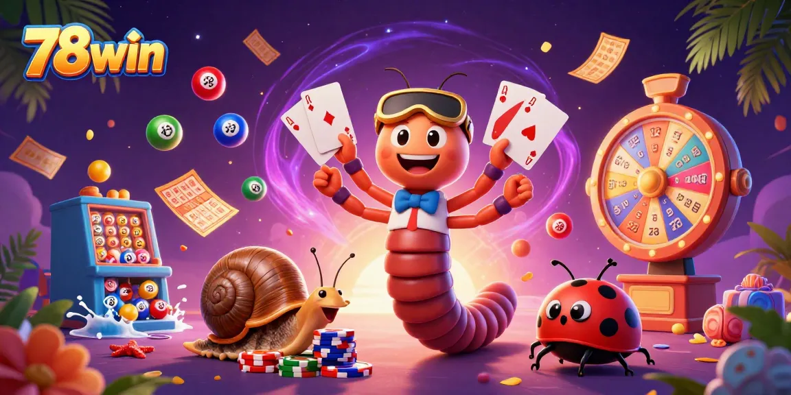 Engage in the thrilling gameplay of 78win with a vibrant 3D casino scene featuring a whimsical millipede dealer and high-rolling snail.