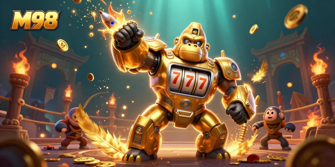 M98 gaming scene featuring a golden gorilla mech amidst dynamic casino elements, showcasing exciting action