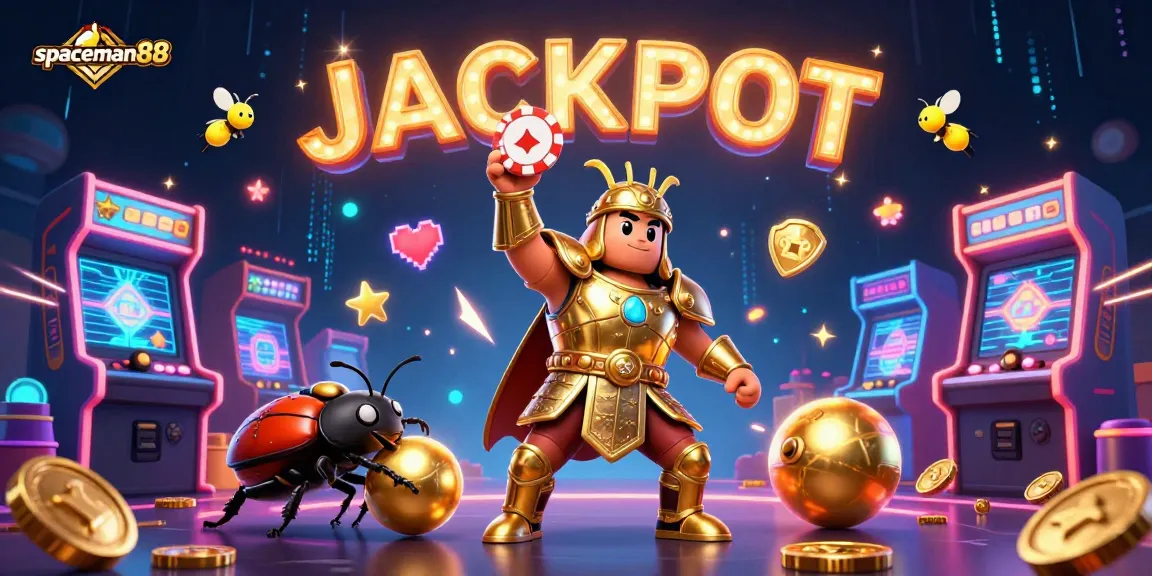 Experience the thrill with spaceman88 as a victorious beetle lifts a poker chip, celebrating jackpots amidst vibrant casino elements.